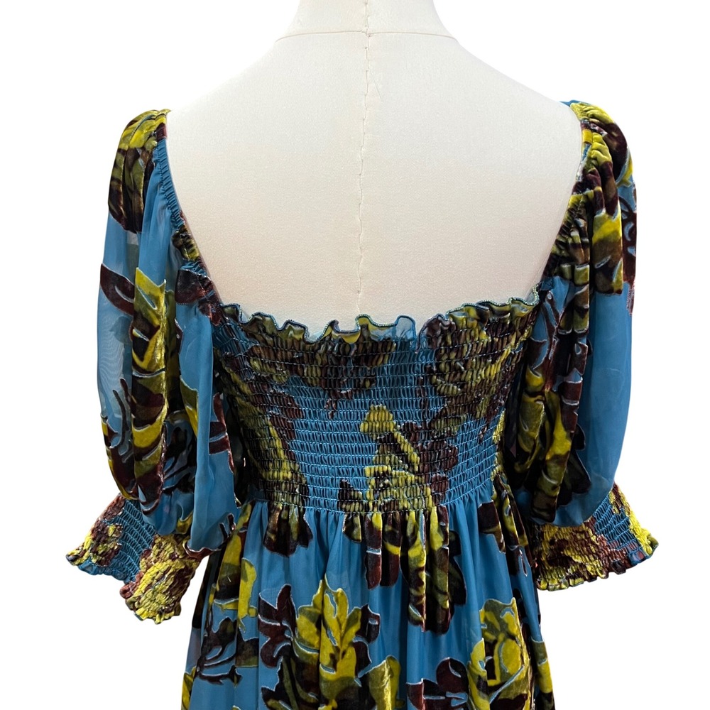 Betsey Johnson Teal Velvet Burnout Puff Sleeve Floral Silk Babydoll Dress M - Picture 10 of 10